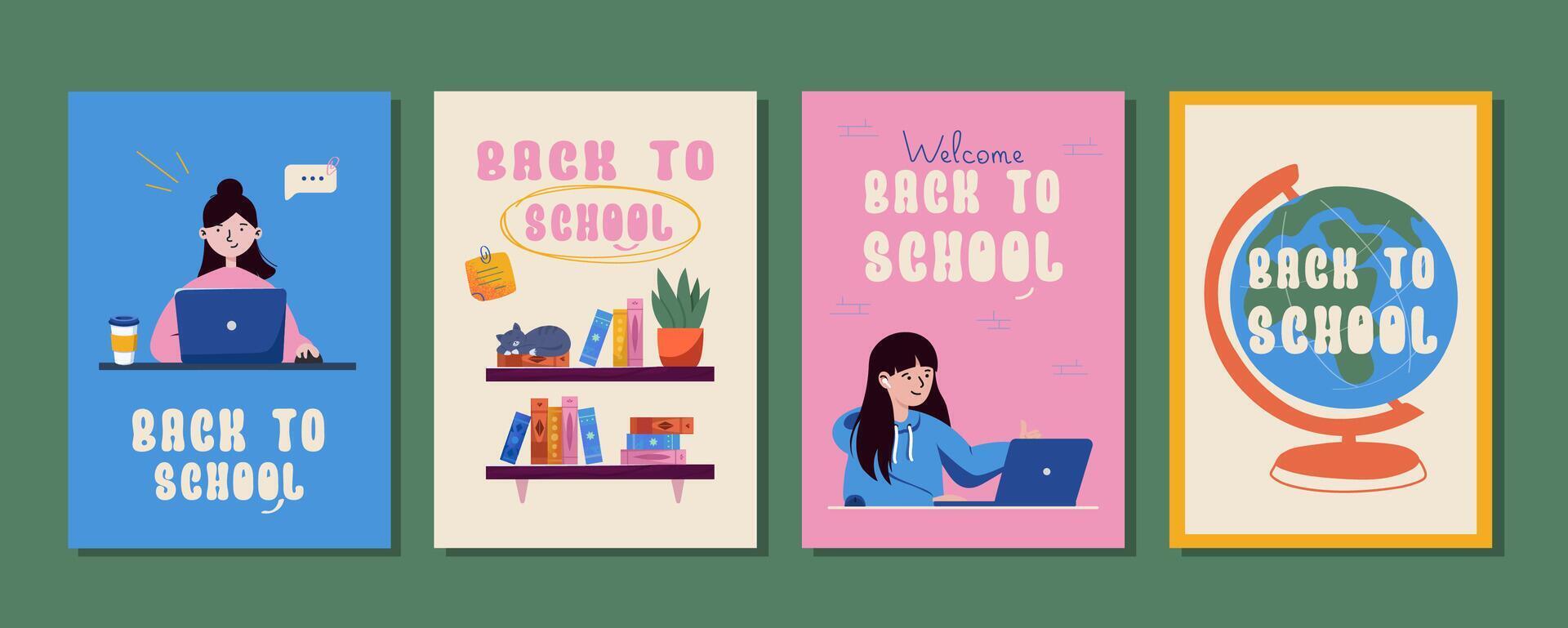 Set of colorful back to school banners with girls, books, globes and chalkboard elements in modern flat style. Perfect for student promotions and educational campaigns. vector