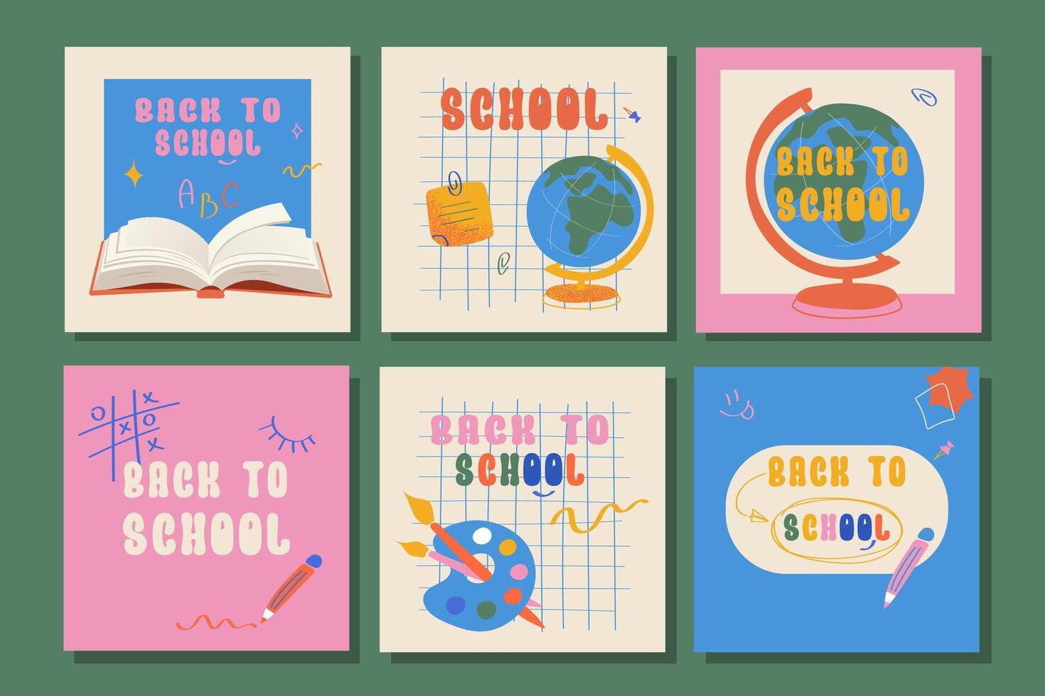 Collection of school cards in minimal flat style with globe, palette, grid and open book. Perfect for educational prints, digital content and kids promotions. vector