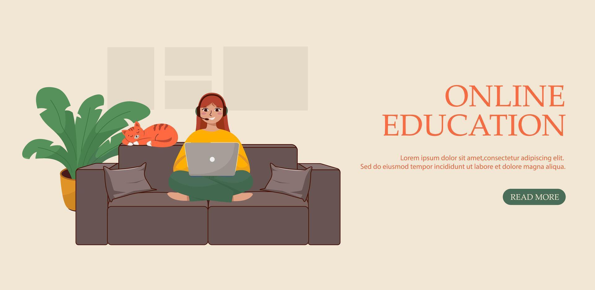 Girl studying online at home with laptop and cat distance learning concept. Online learning courses. Presentation slide template or landing page design. Business concept illustrations. Modern flat sty vector