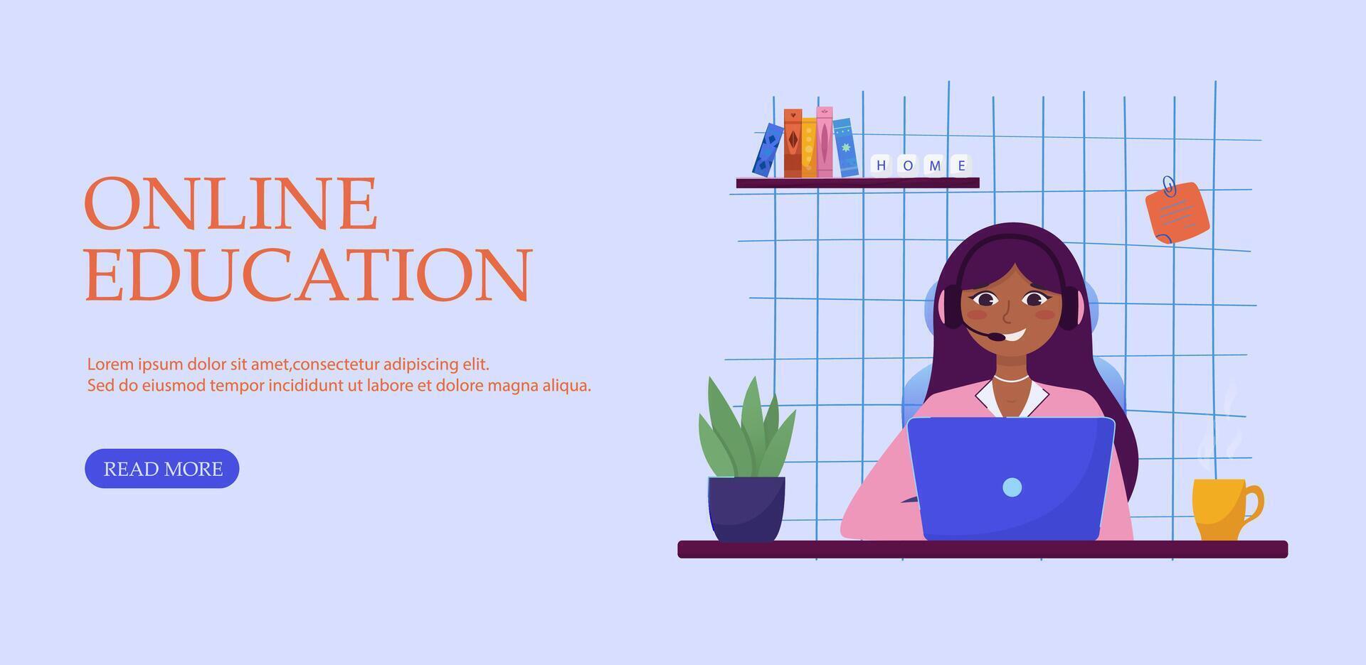 Female student in cozy home interior attending online education session. Flat banner illustration for remote learning and digital schooling promotion. vector