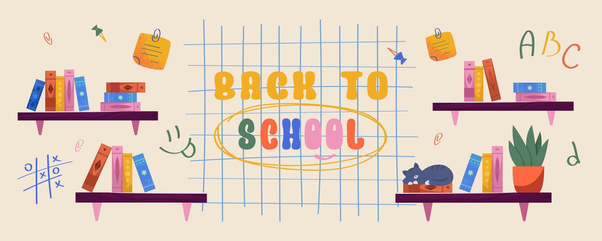 Horizontal banner with bookshelves, ABC letters and colorful back to school text. Great for web banners, newsletters and education themed site headers. vector