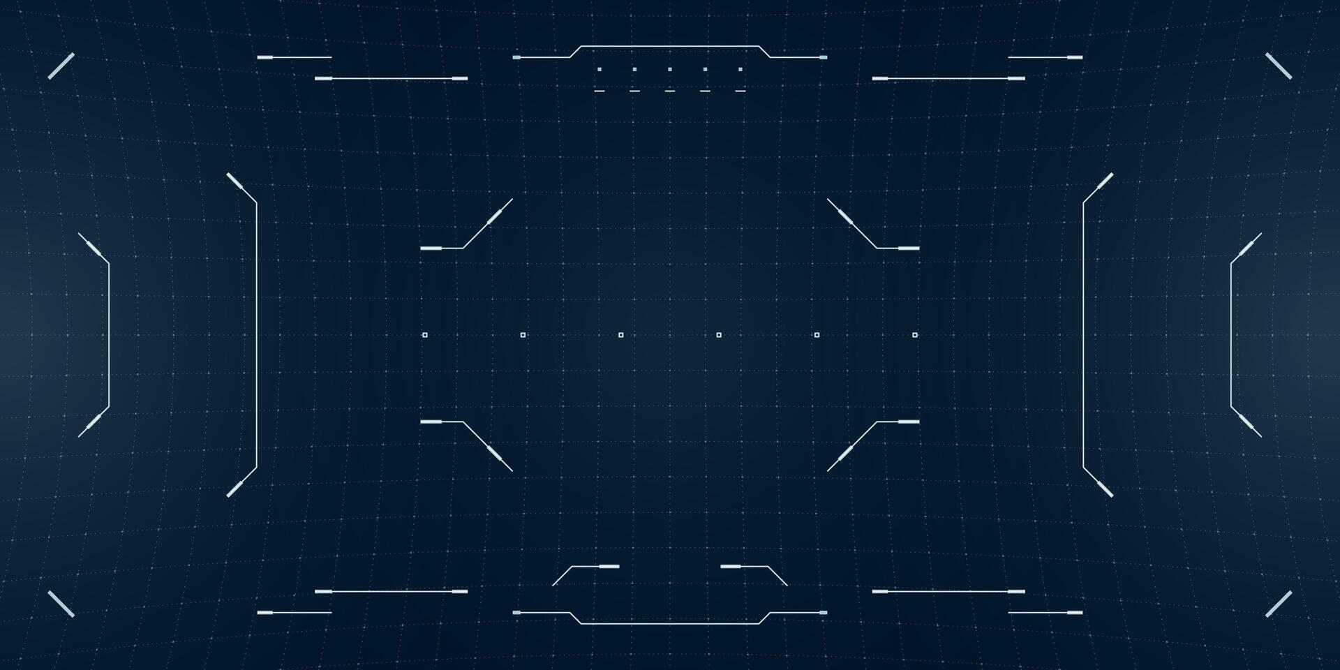 FPV drone HUD with recording interface and digital distortion. Futuristic cybersport monitor in black and blue with glowing reticle and glitch overlays. vector