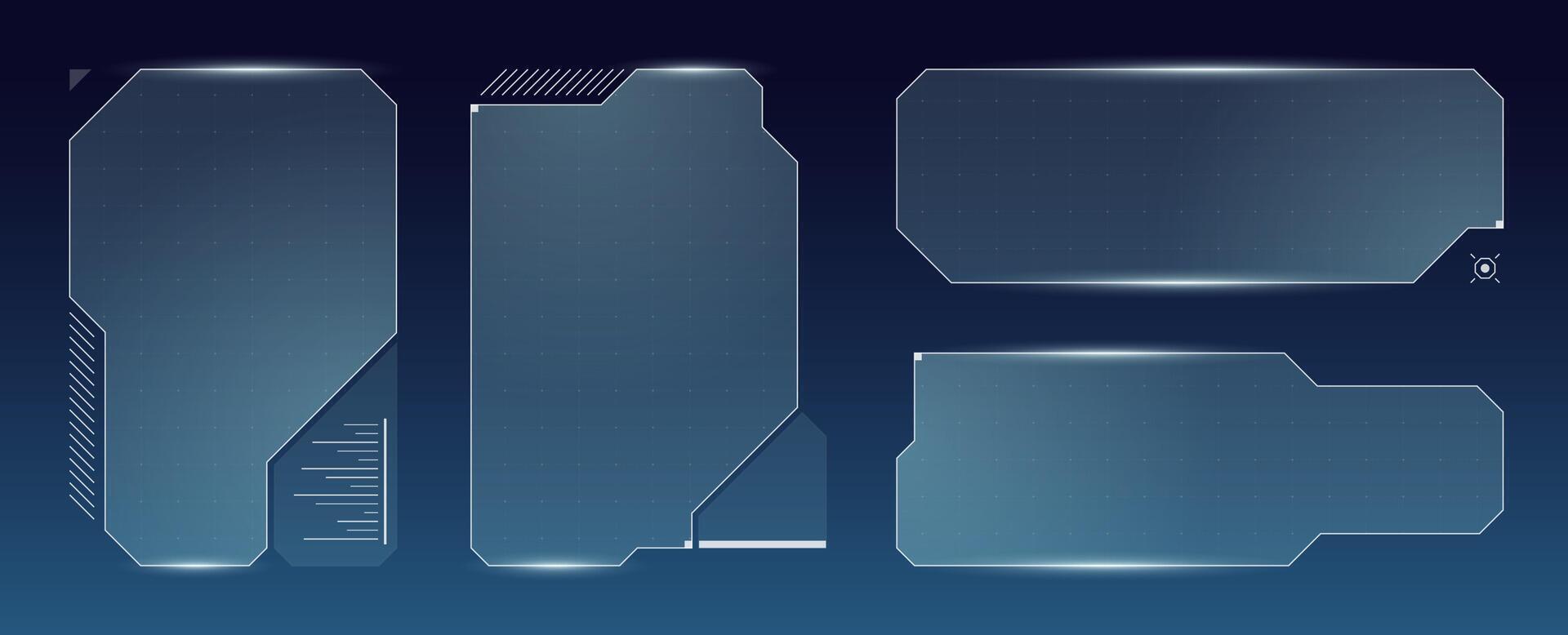Blue cyberpunk HUD set featuring digital windows, panel grid and infographic highlights. Ideal for futuristic games, control rooms or sci fi user interface presentations. vector