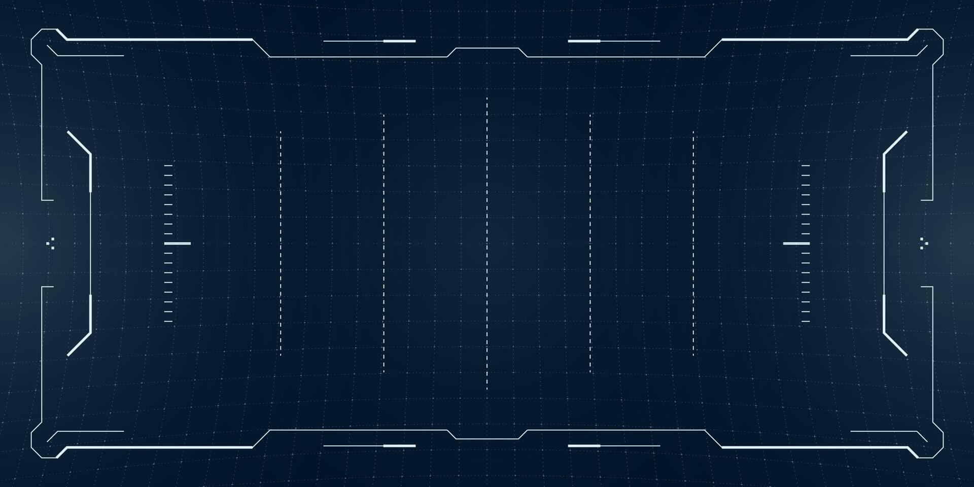 Glitchy futuristic HUD with radar targets and cyberpunk UI in bright blue. Tactical interface simulates distorted VR drone footage over a sci fi grid background. vector