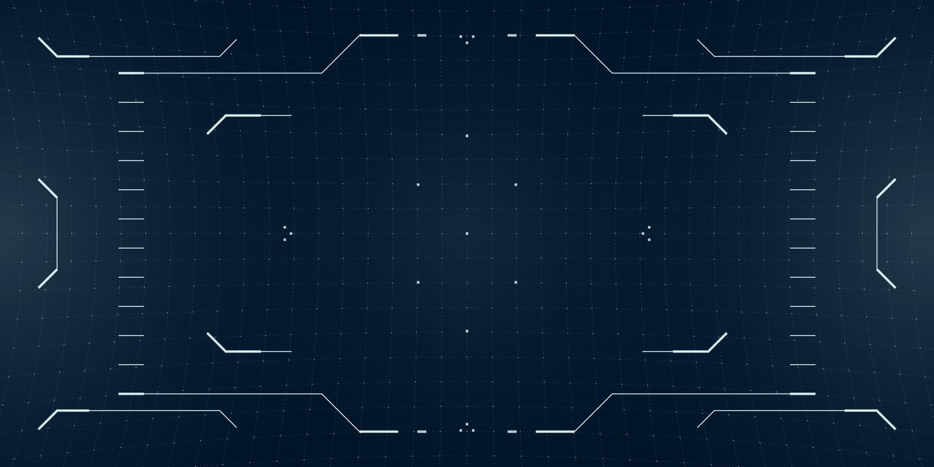 Cyberpunk HUD overlay in techno palette with glitchy radar and crosshair interface. Digital camera view layered with reticle display and blueprint system grid. vector