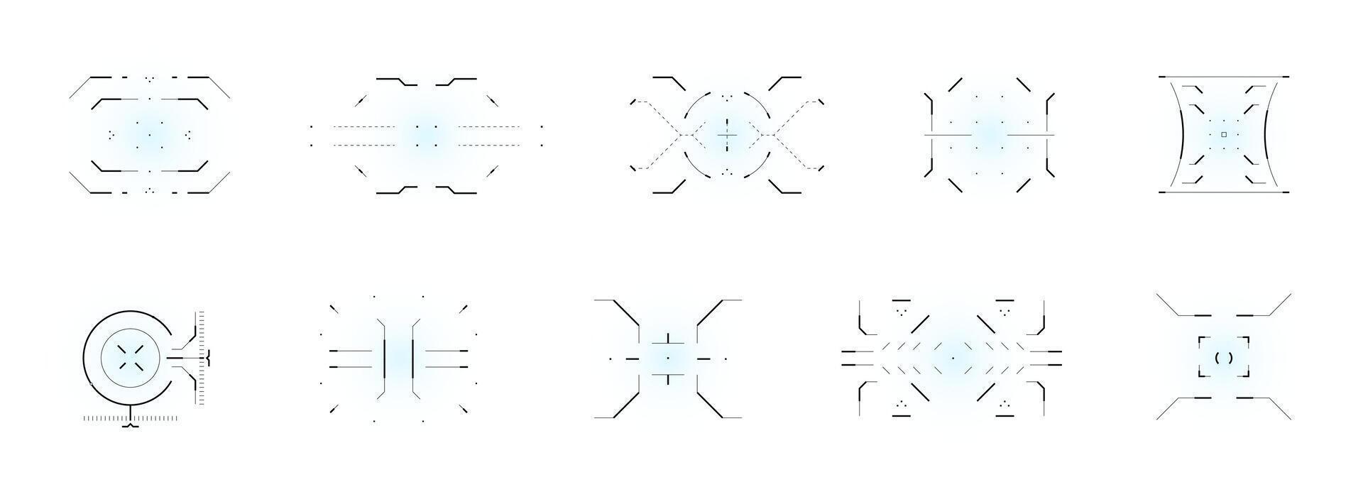 Futuristic target HUD interface for shooting game. Black crosshair radar scope and weapon indicators. tech UI compass, rifle sight and digital sniper display. Sci fi military design. vector