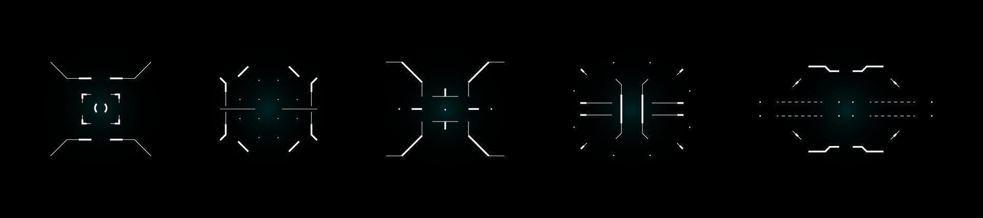 Futuristic HUD interface with target focus, compass and crosshair icons. Digital tech set for sci fi UI, game display, radar screen or control panel. Blue cyber elements and data graphics. vector