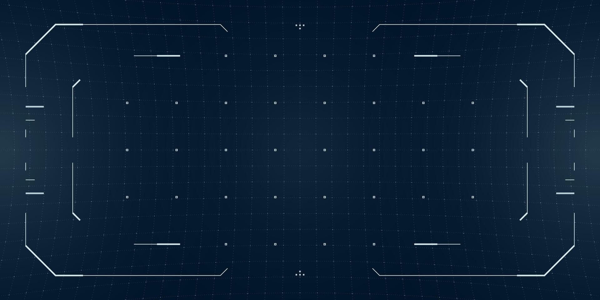 Futuristic cyberpunk HUD overlay with glowing target reticle, glitch effects and digital frame. Tactical interface blends VR, drone cam and sci fi elements on a blue tech blueprint background. vector