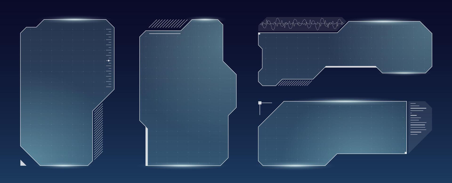 Blue futuristic interface with digital panels and abstract HUD frame. Sci fi dashboard layout evokes space control systems, virtual displays and secure data screens. vector
