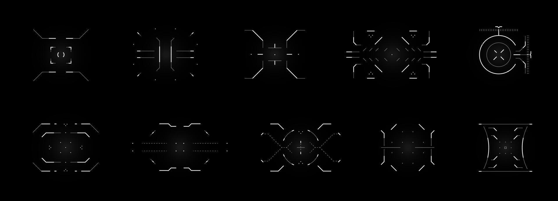 Black digital HUD with futuristic sniper crosshair locked on target. Grid radar interface with circular scope, tech bars and AI data streams. Perfect for sci fi games or weapon panels. vector
