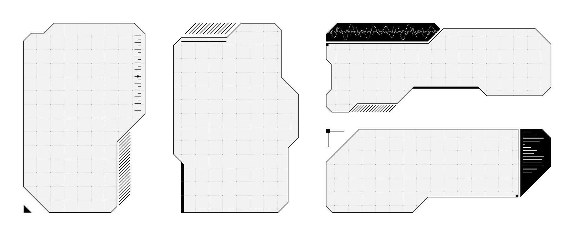 Minimal futuristic UI frame with transparent tech panels and bold HUD elements. Abstract cyberpunk layout perfect for VR, sci fi interfaces or modern game dashboards. vector