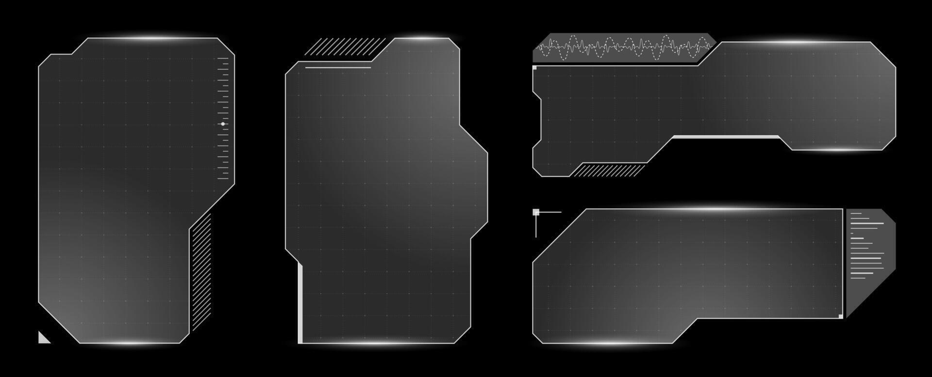 Sleek virtual frame design with black and white digital HUD window. Cyber dashboard interface blends infographic elements with holographic sci fi layout in modern style. vector