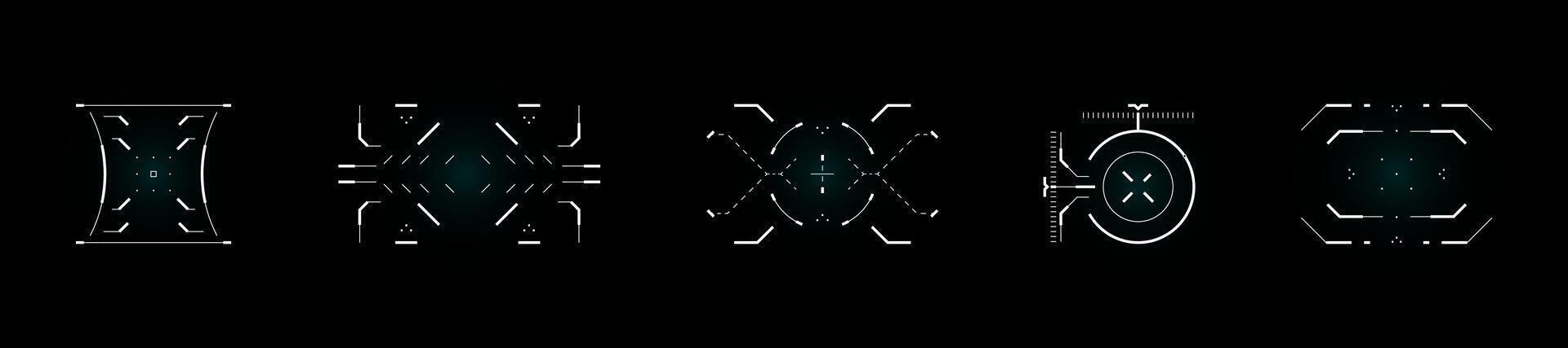 Futuristic target HUD UI with radar, crosshair, scope and sniper sight. Cyber tech interface for shooting game, military dashboard or sci fi display. Neon blue design elements and diagrams. vector