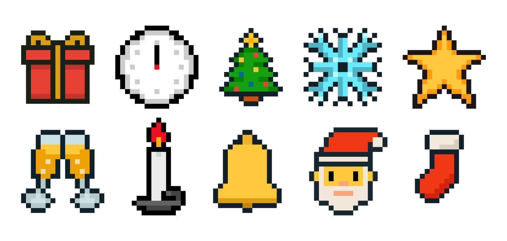 Set of 10 pixel art New Year and Christmas icons isolated on white background vector