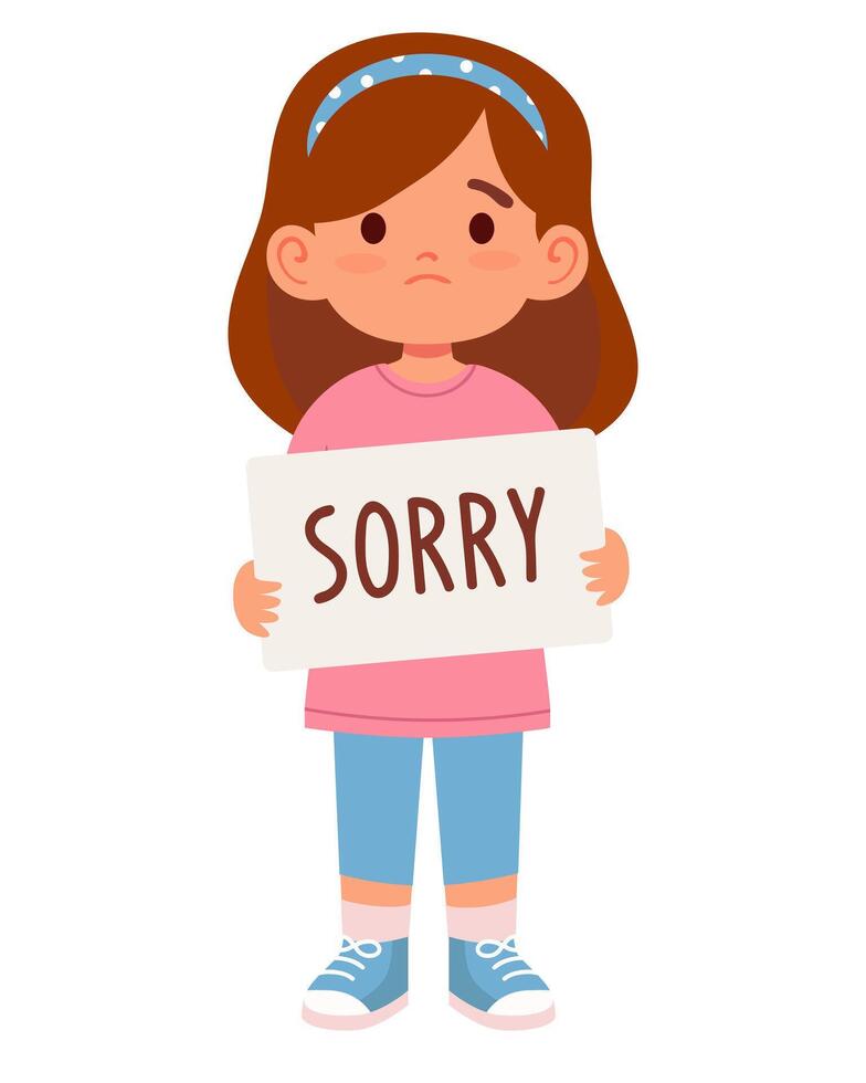 illustration of a sad little girl holding a SORRY sign isolated on white background vector