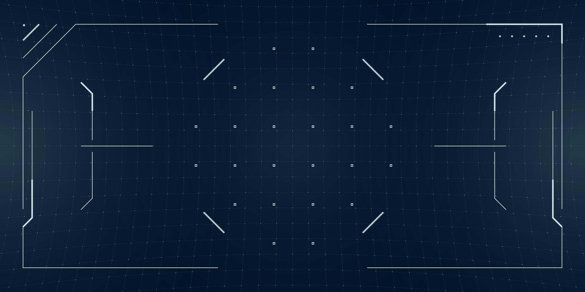 Futuristic game HUD with holographic scope and aim reticle over a VR blueprint. Glowing digital screen displays sci fi radar and grid layout in cyber style. vector