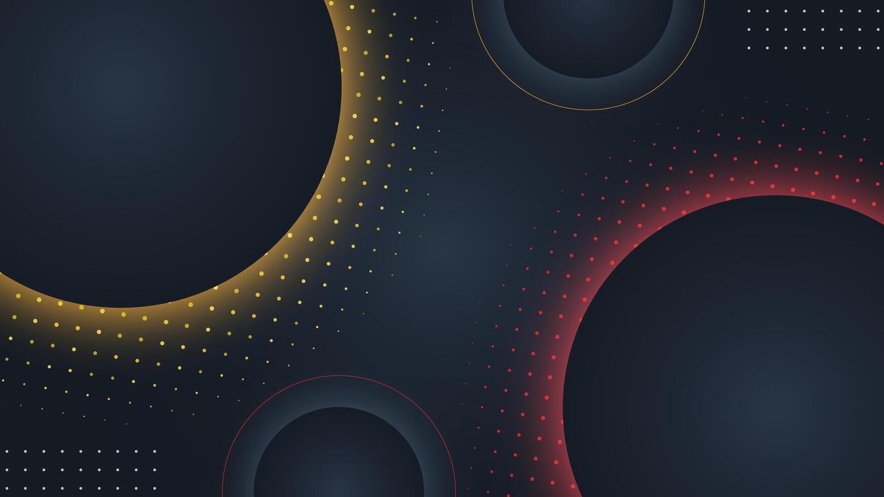 Dark abstract background featuring red and gold halftone circles and modern geometric shapes ideal for elegant designs presentations and digital art projects vector
