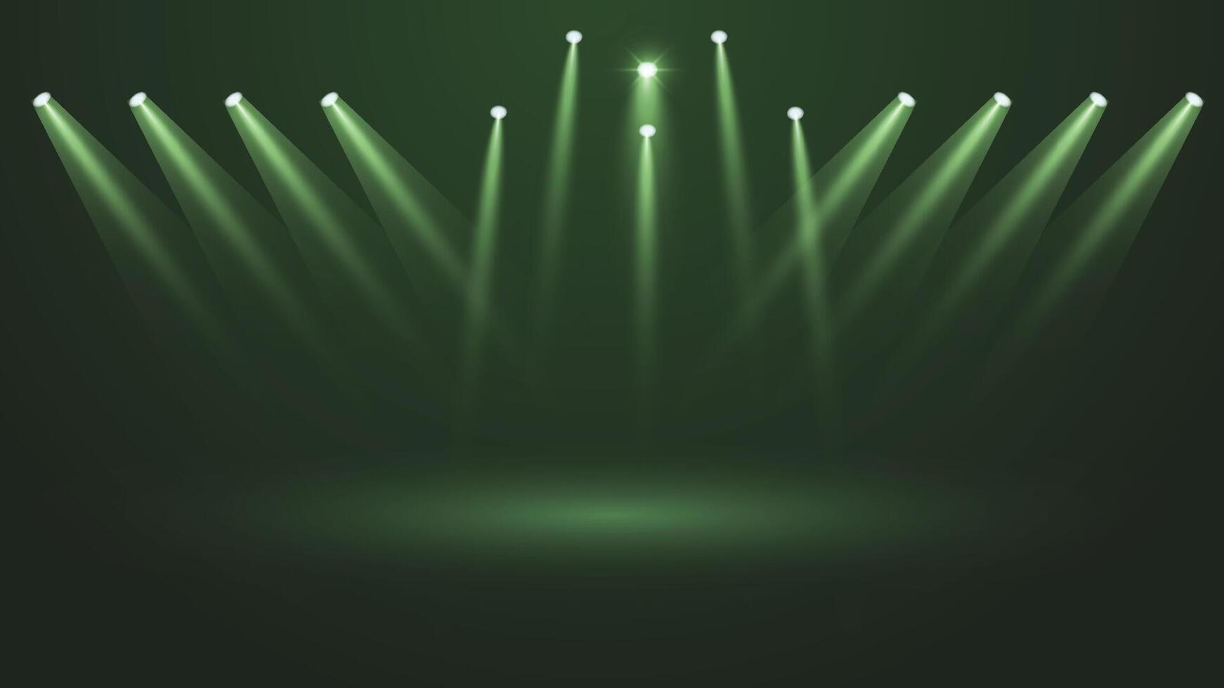 Dynamic green stage lights background featuring bright spotlights perfect for events shows presentations concerts advertising visuals and modern creative design projects vector