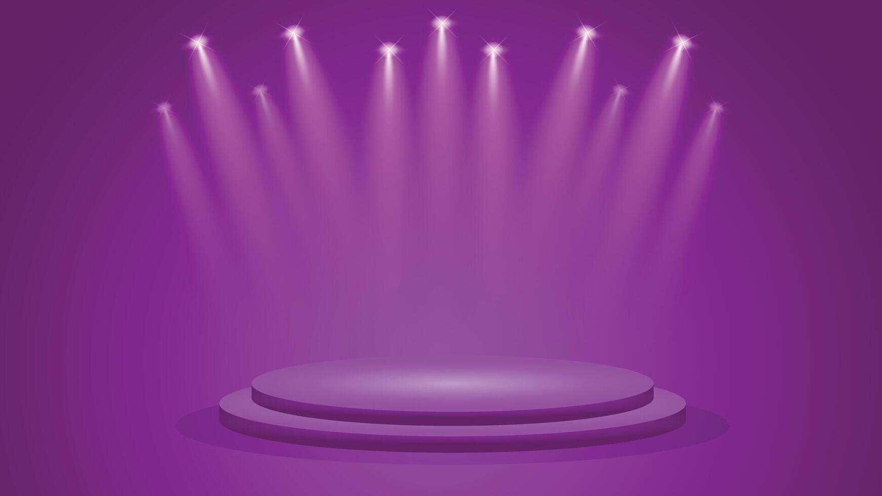 Vibrant purple podium with multiple glowing spotlights ideal for product display, events, promotions, shows and stylish digital design projects. vector