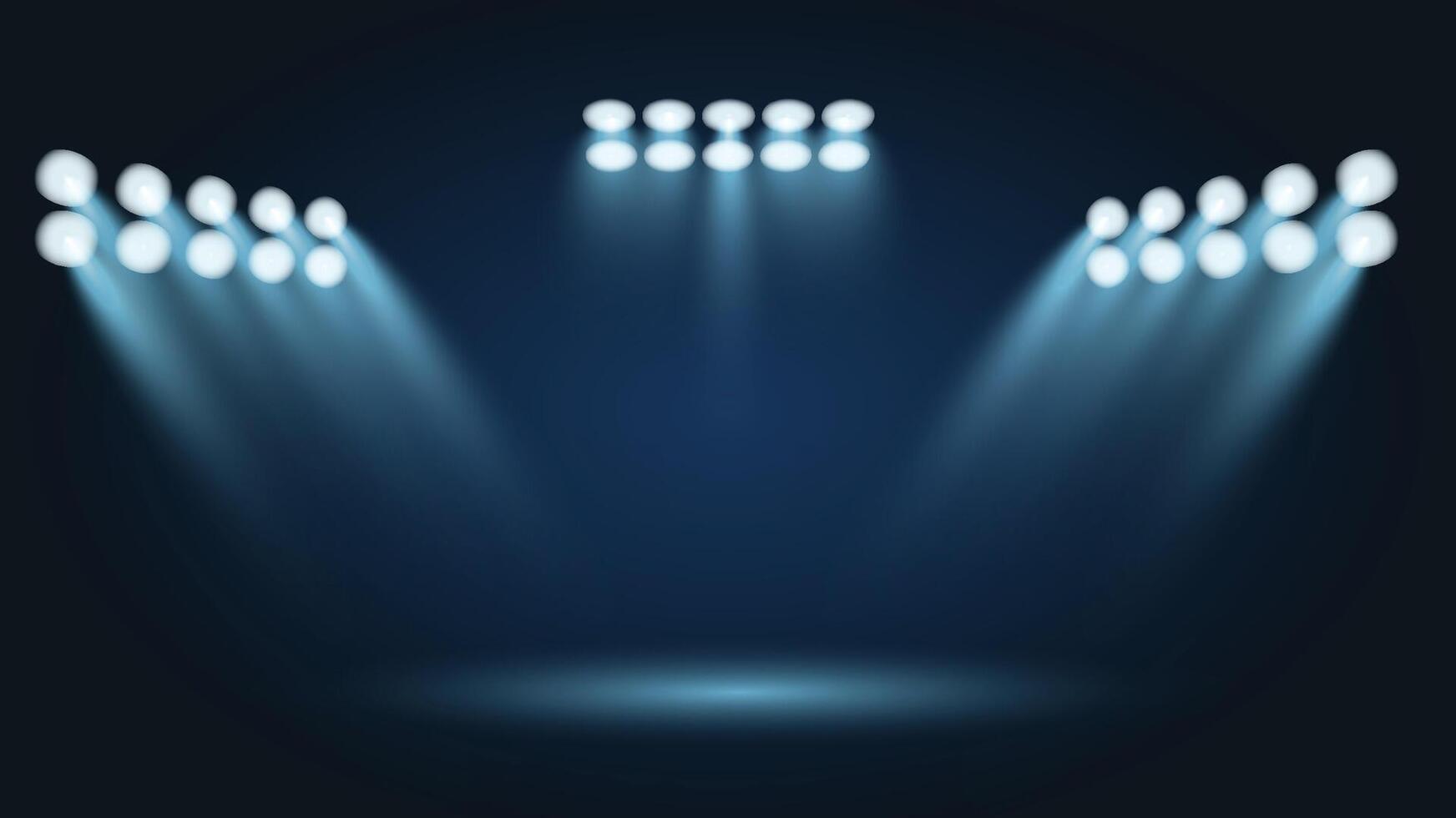 Blue stadium spotlight background featuring bright beams and empty stage perfect for sports events concerts presentations performances and modern digital designs vector