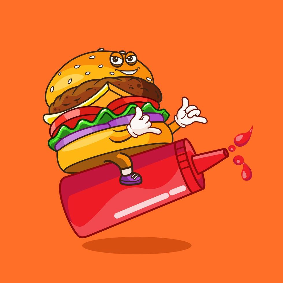 Burger Character Surfing on Ketchup Bottle with Saka Hand Sign Cartoon Vectors Illustration