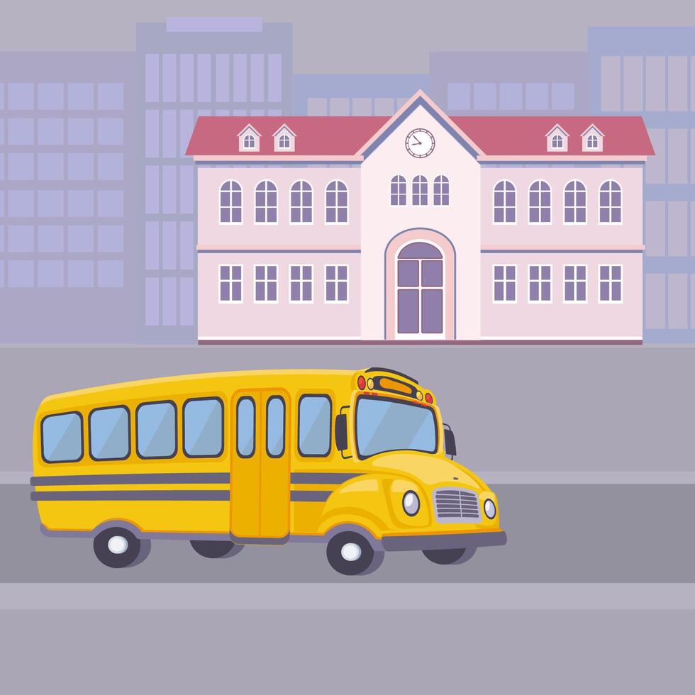 Yellow school bus near a school vector