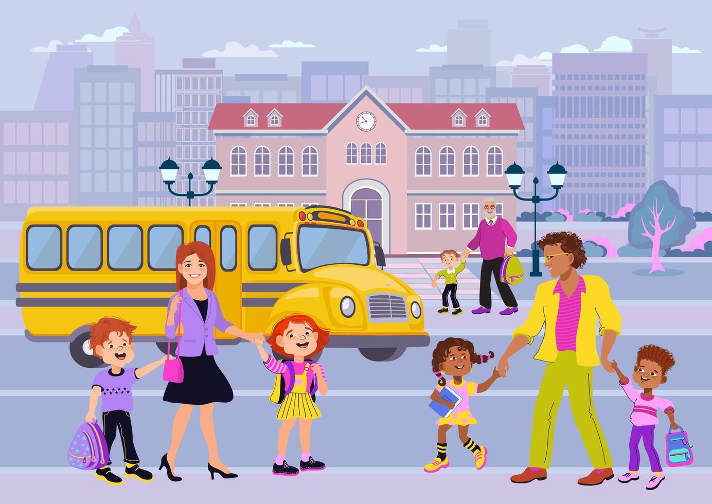 Students and parents at school pick-up vector