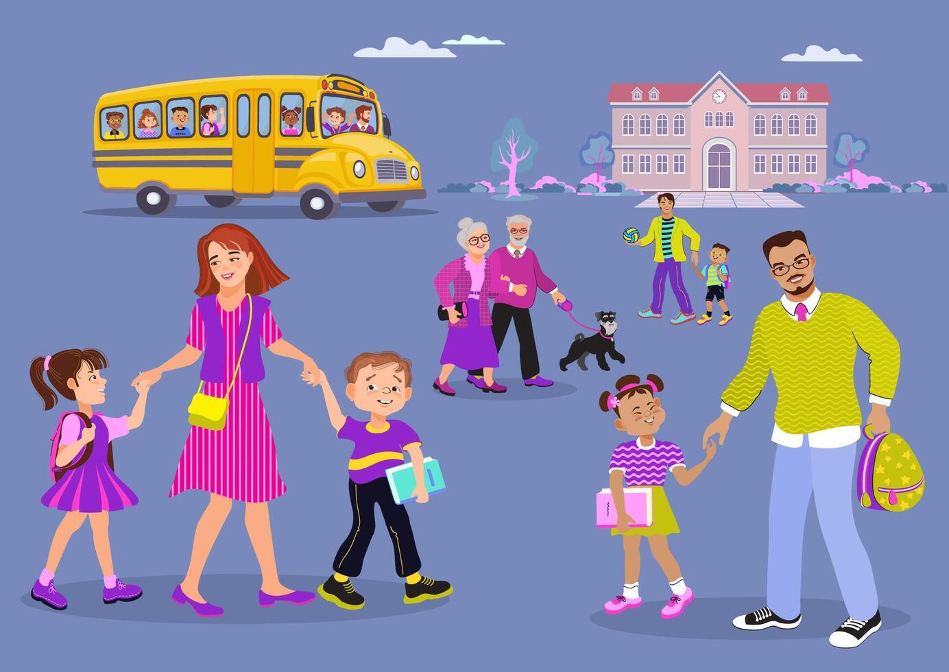 Kids and parents at school drop-off vector