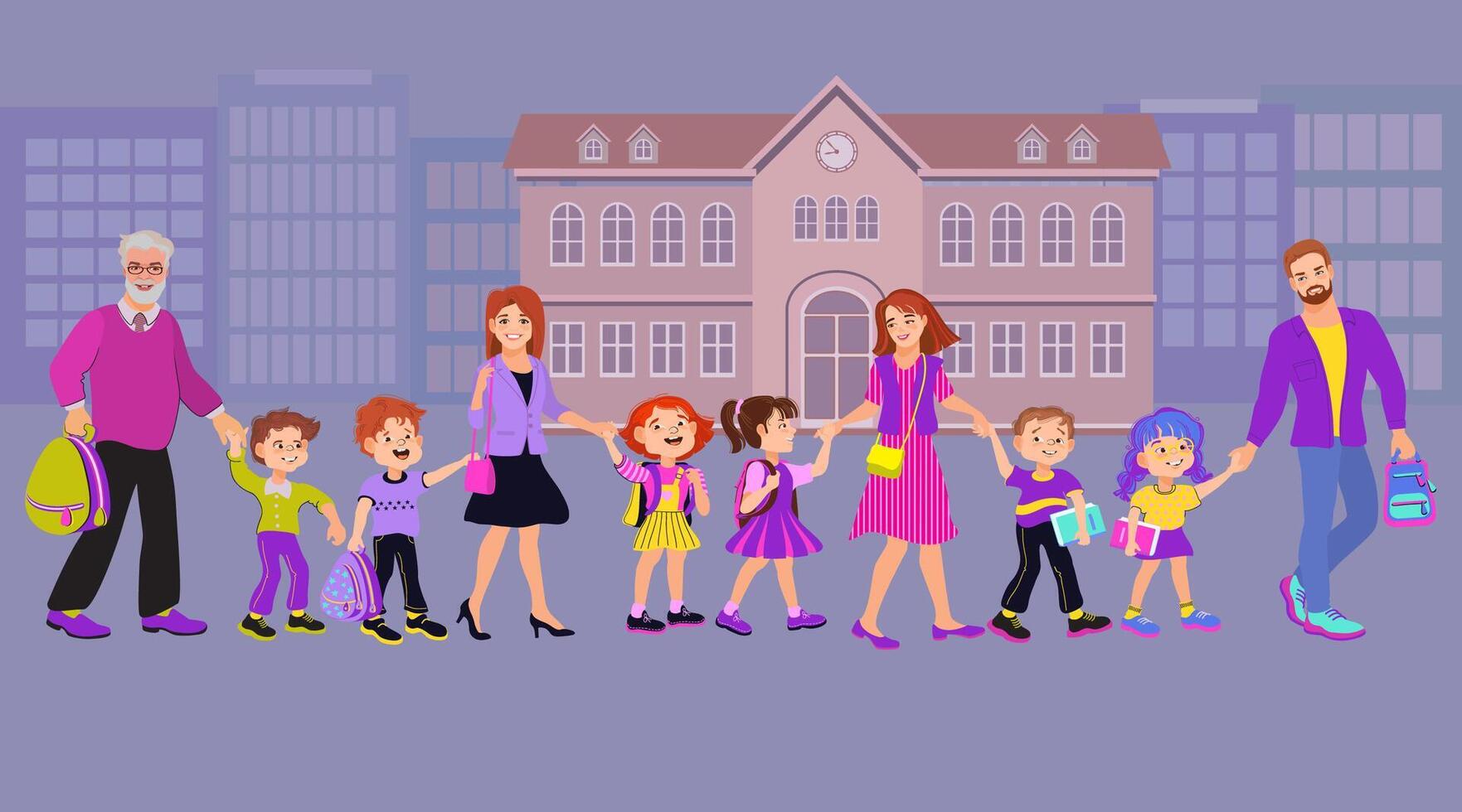 Families walking to school with children vector