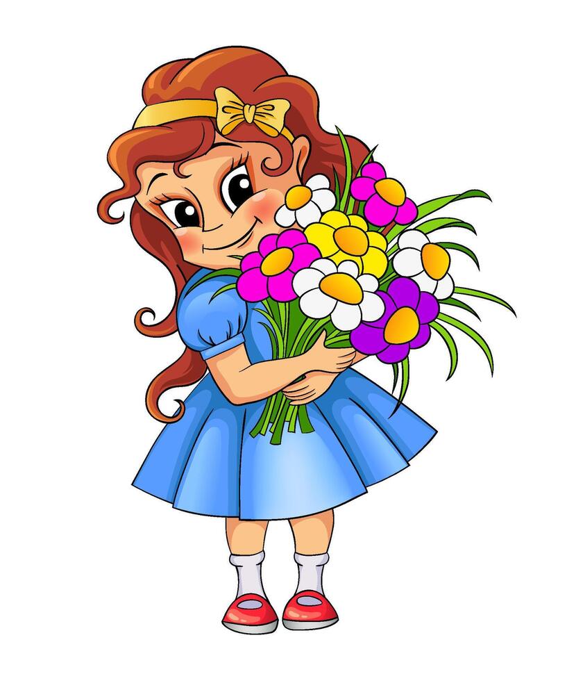 Cute little girl with a bouquet of flowers. illustration isolated on white background vector