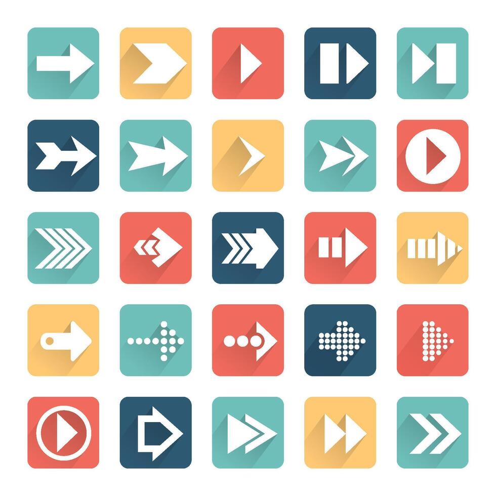Set of colorful arrow icons. Flat design with long shadow vector