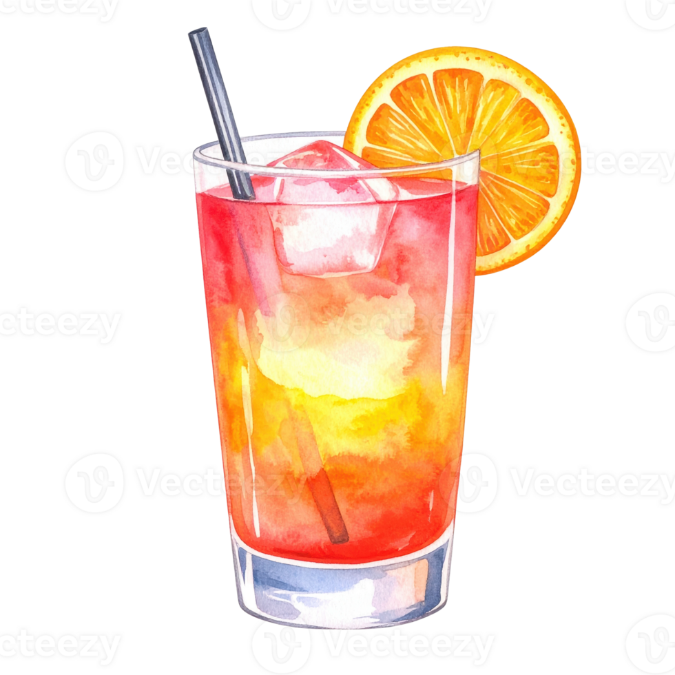 Vibrant watercolor illustration of a refreshing gradient cocktail with ice, an orange slice, and a straw, perfect for summer menus or beverage designs. png