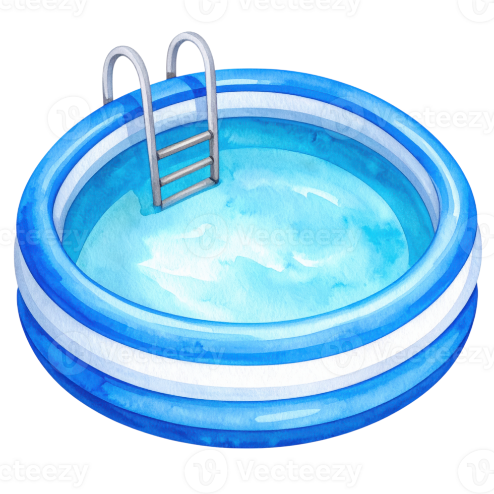 Watercolor illustration of a blue inflatable swimming pool with ladder, isolated on transparent background, summer, recreation, holiday. png