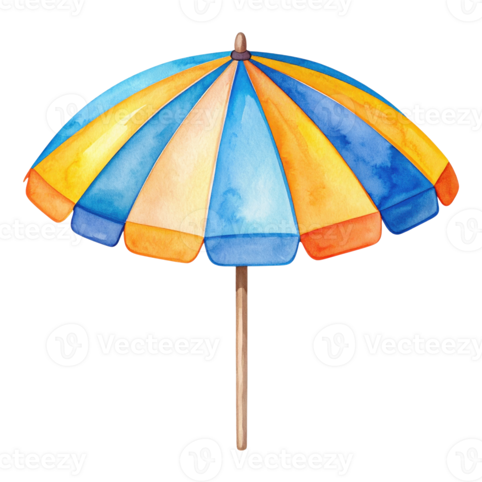 Watercolor beach umbrella, blue, yellow and orange, isolated on transparent background, summer vacation, sunshade, protection. png