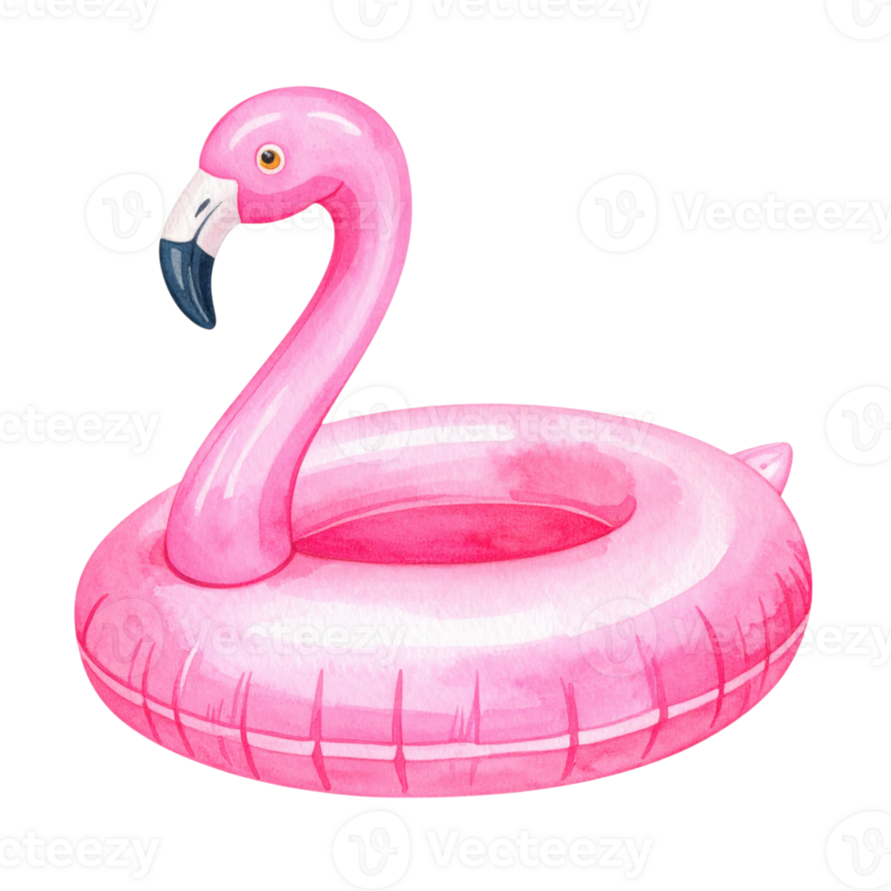 Pink flamingo pool float, isolated on transparent background, watercolor style. Summer, fun, and recreation concepts. png