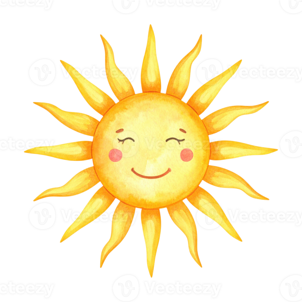 Cute smiling sun with closed eyes, isolated on transparent background, radiates warmth, happiness, and positive energy. png