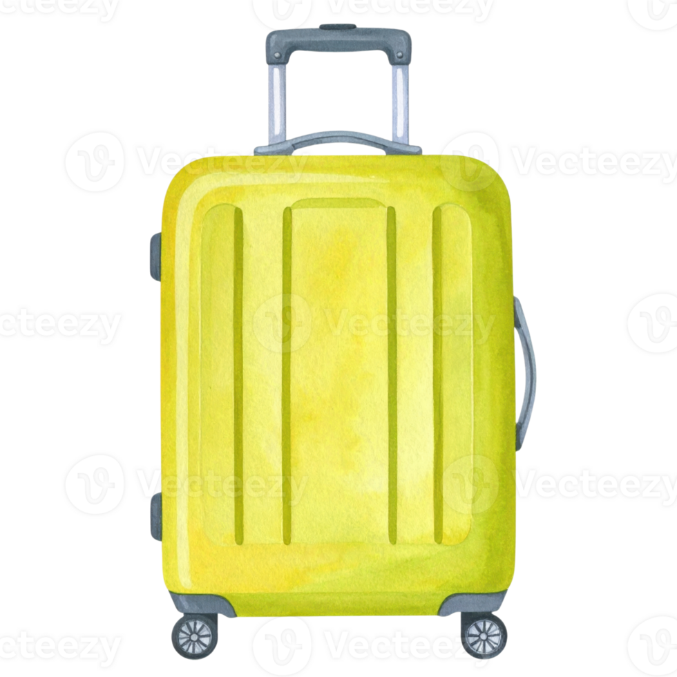 Watercolor illustration of a yellow suitcase isolated on transparent background. Travel, vacation and luggage concept. png