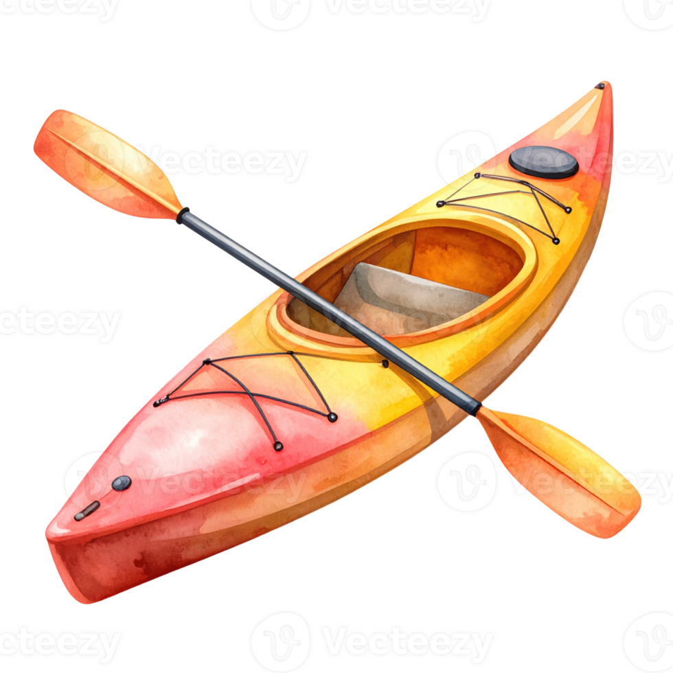 Watercolor kayak with paddle, isolated on transparent background, for water sport, recreation and summer activity concepts. png