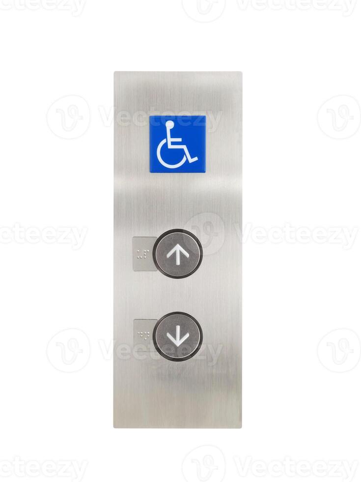 Elevator up and down buttons with separate wheelchair symbols on a white background. photo