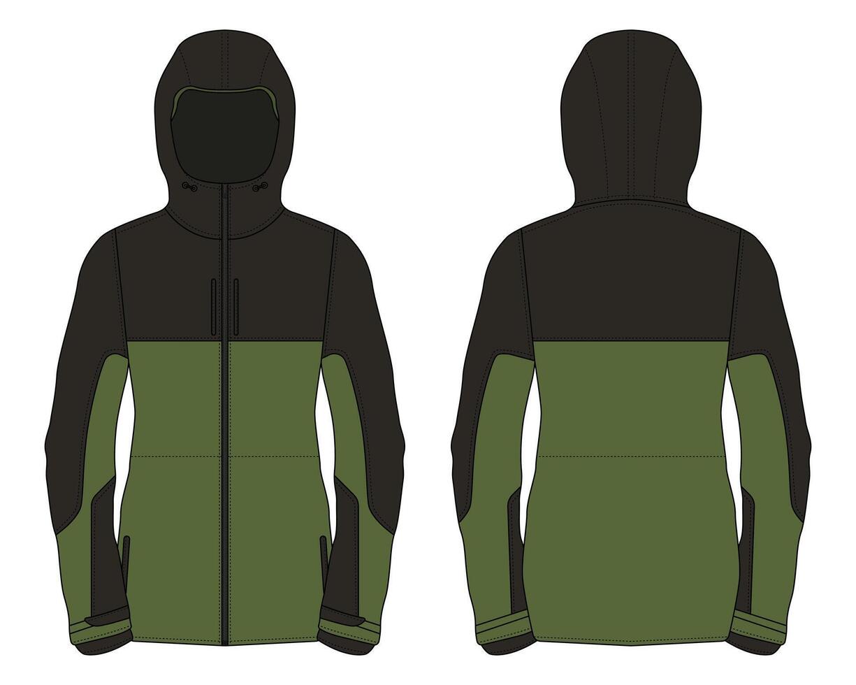 Green and black outdoor hiking jacket mockup vector