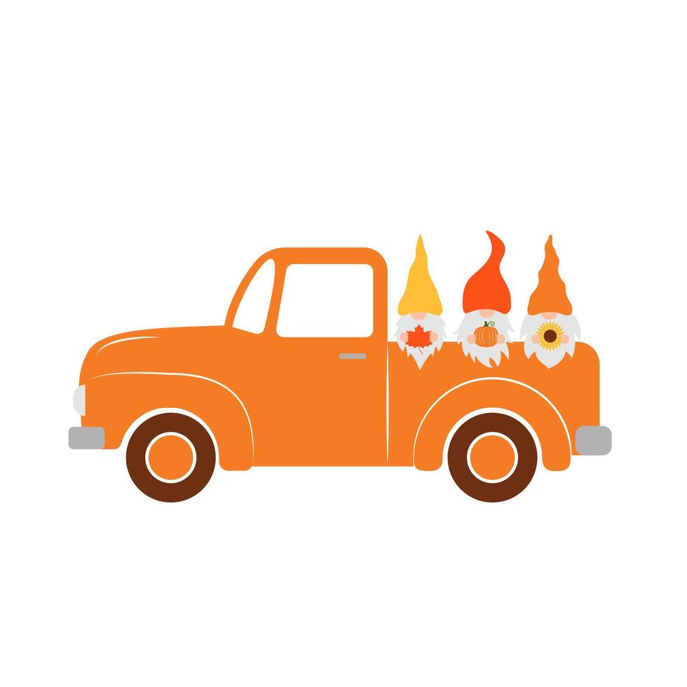 Autumn retro truck and cute fall gnomes. Template for Thanksgiving card, banner, poster, flyer vector