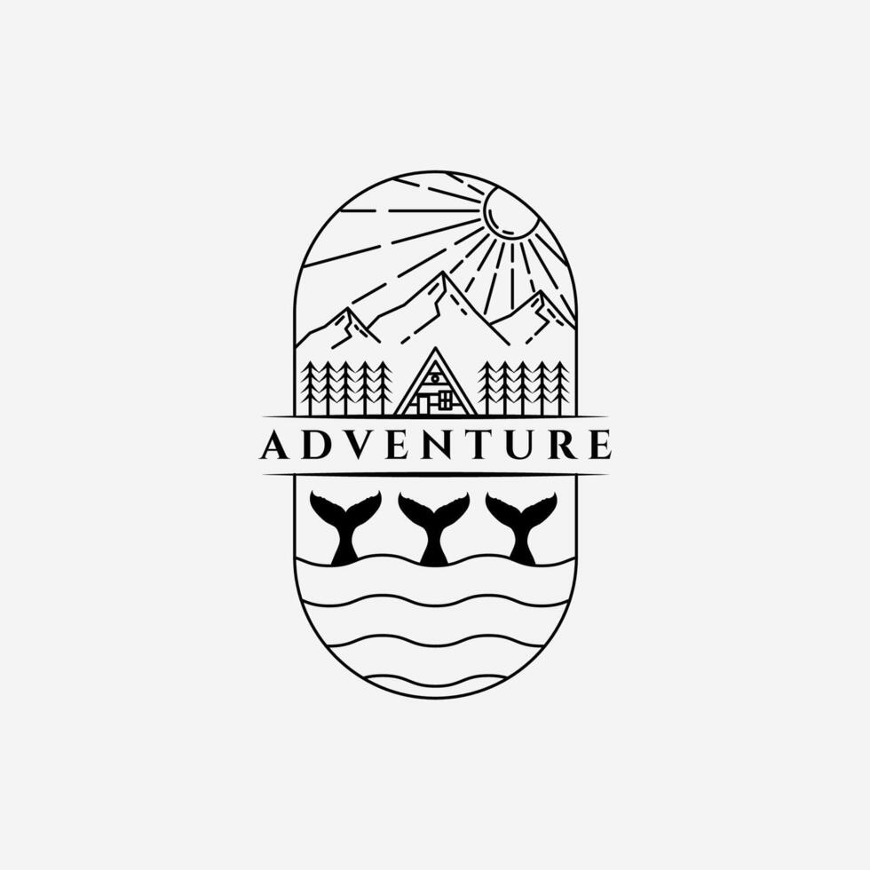 adventure cottage mountain ocean line art logo illustration design vector