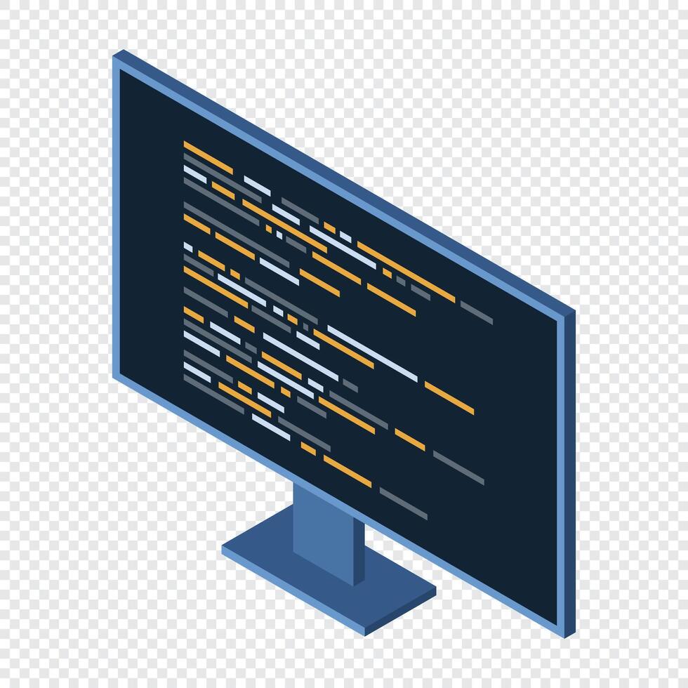 Isometric monitor. Software programming coding concept. Code on computer monitor. Isometric technology. illustration. vector
