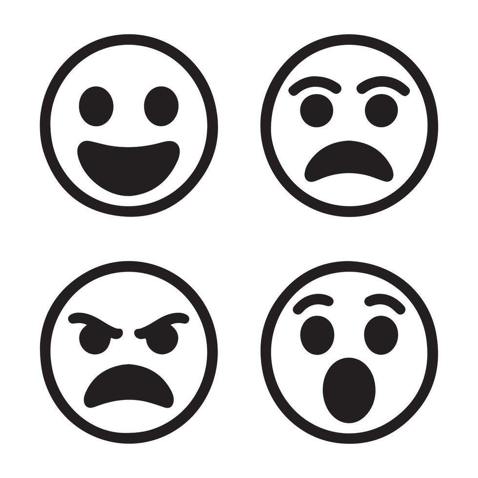 Four black and white emoji faces showing different emotions happy vector