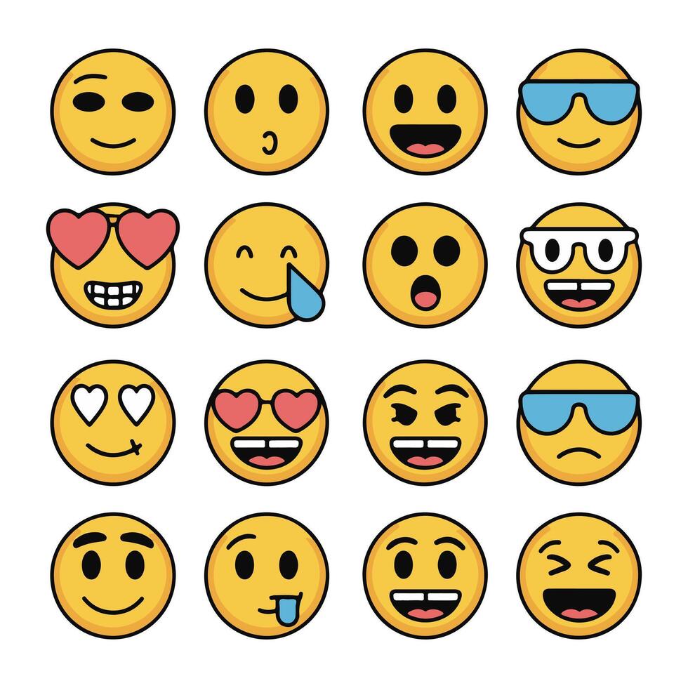Sixteen yellow cartoon faces with various expressions and accessories emoticon emoji vector