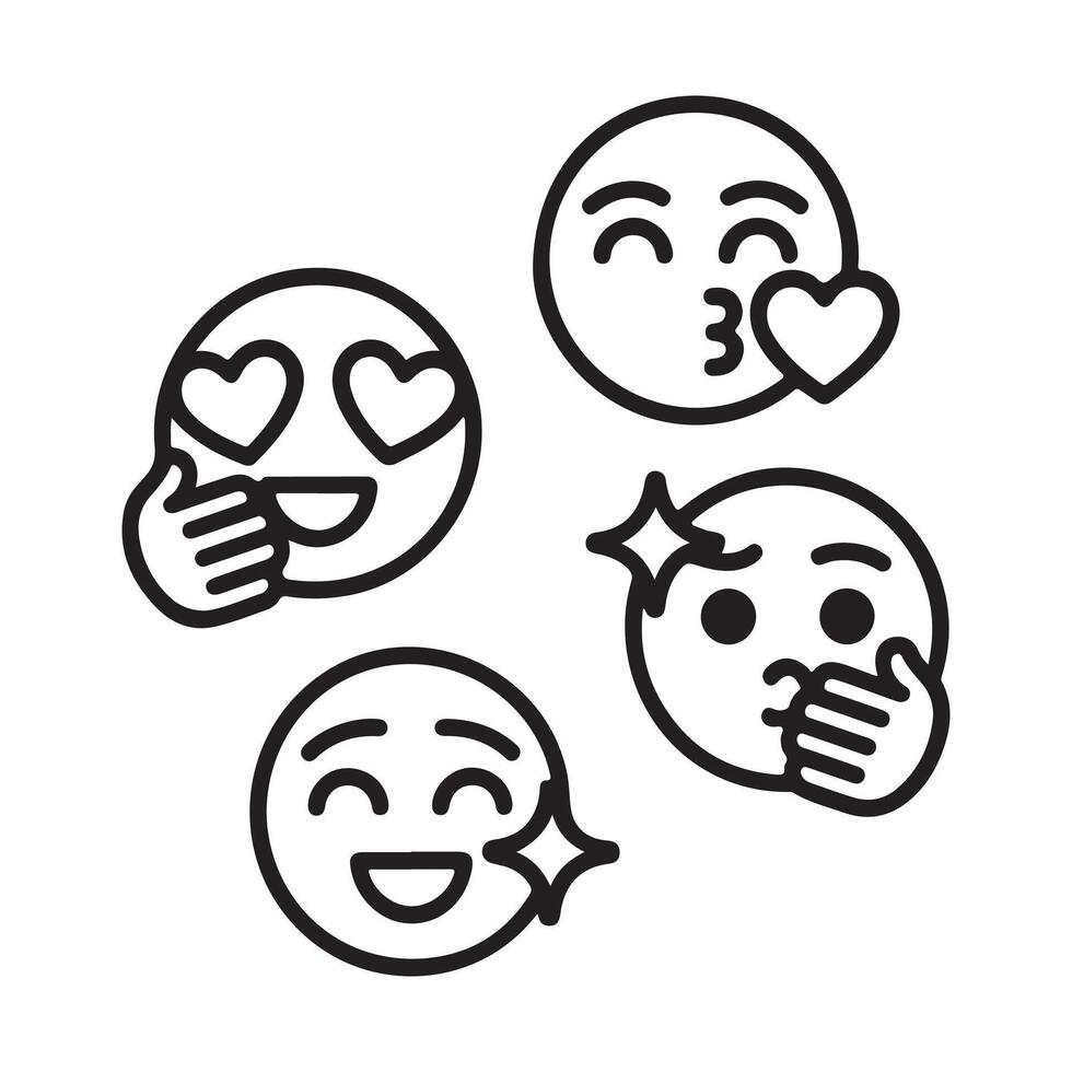 Four black line art emoji faces expressing different emotions expression happy vector