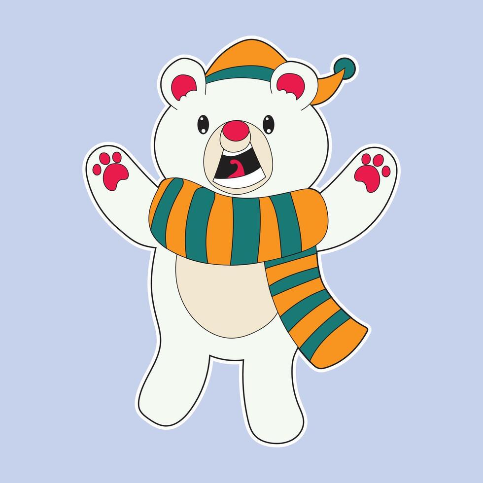 polar bear sticker illustration wearing striped scarf and Christmas hat, spreading winter holiday joy and cheerful vibes, perfect for greeting cards, festive projects, and fun seasonal decorations. vector