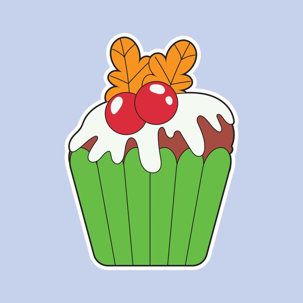 Adorable Christmas cake sticker illustration decorated with red berries and orange leaves on white icing, perfect for holiday cards, festive projects, cheerful party decor, and sweet winter designs. vector