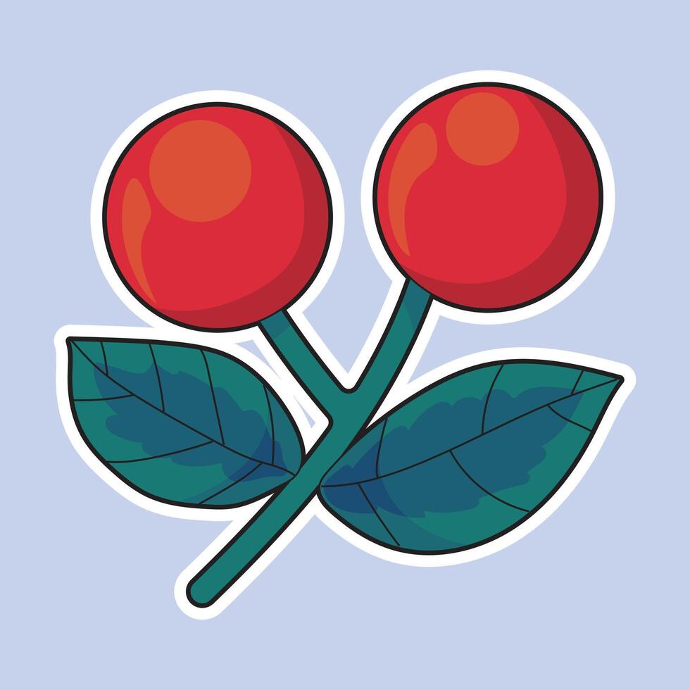 Cute Christmas berries sticker illustration with two red berries and fresh green leaves, perfect for holiday cards, winter decorations, party designs, and joyful festive themes. vector