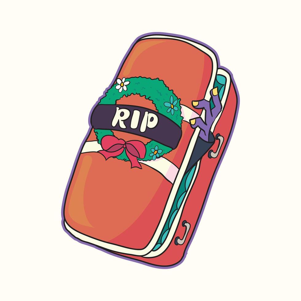 Cute funny coffin cartoon with RIP sign and zombie hand coming out perfect for Halloween party invitations decorations apparel prints spooky creative sticker designs and fun celebration projects vector